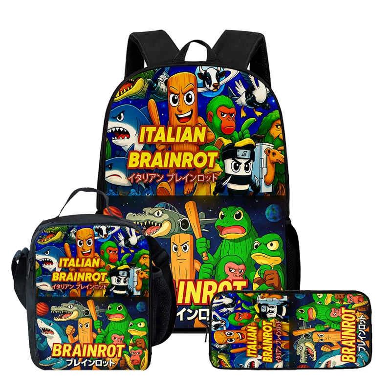 Cartoon Brain Rot Kind Schoolrugzak Met Lunchtassen Etui Voor,Lichtgewicht Kinderschooltassen