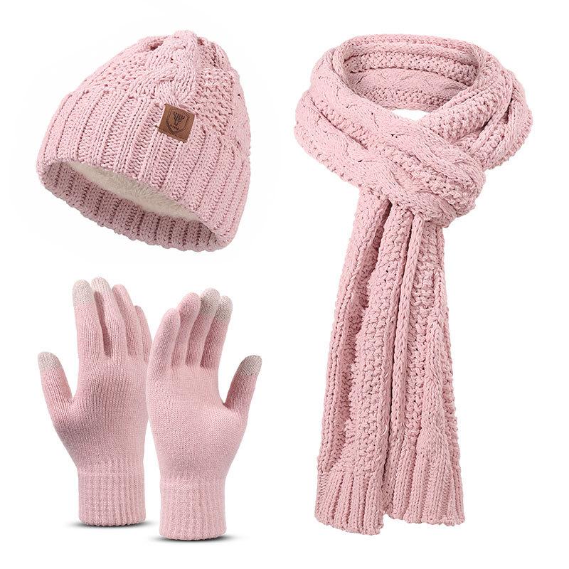 Winter Hat Scarf Gloves Three piece Set Men and Women Outdoor Plus Velvet Ear Protection Warm Knitted Hat Set