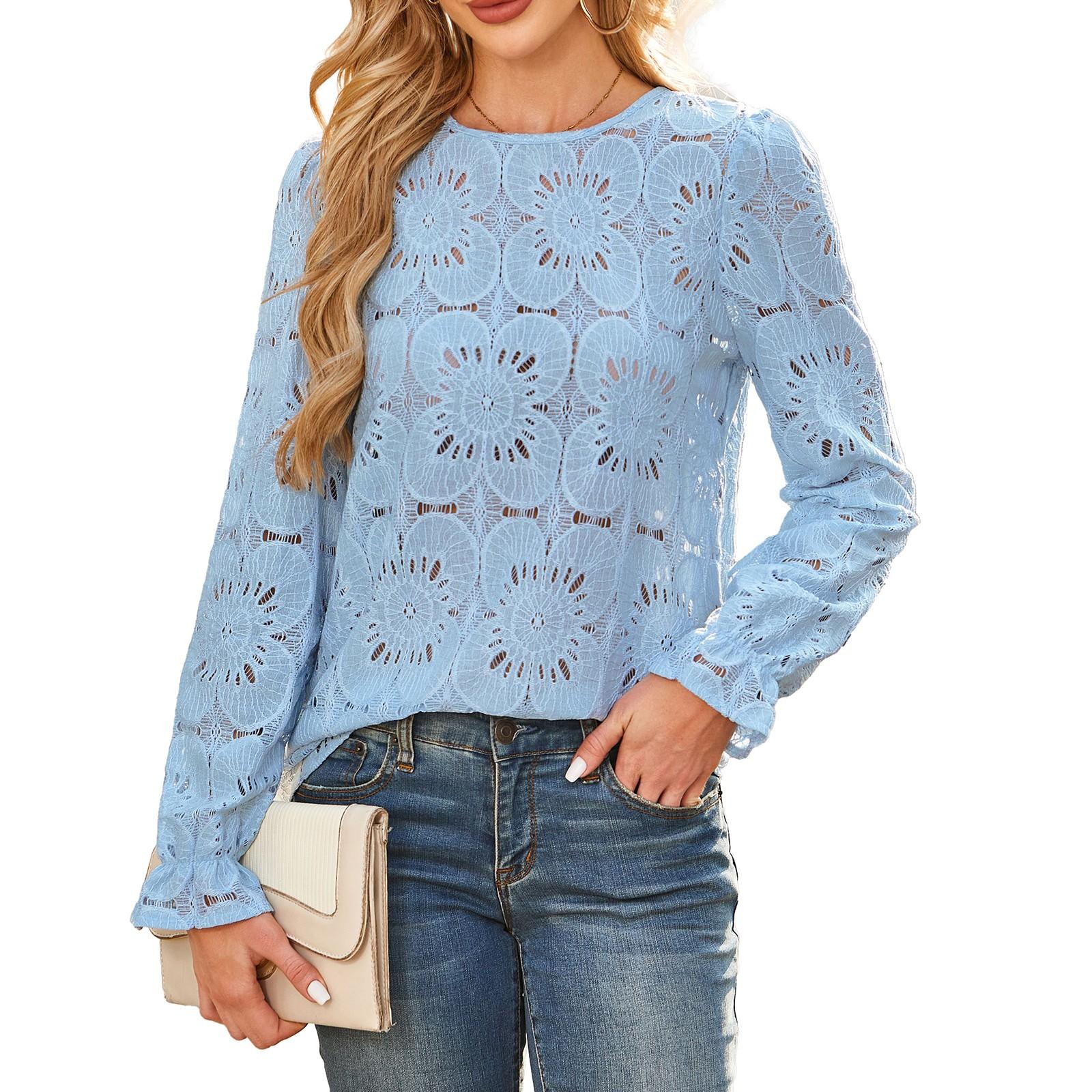 

Women s Fashionable Casual Hollow Lace Bubble Long Sleeved Shirt Top Long Sleeved Shirt Top L