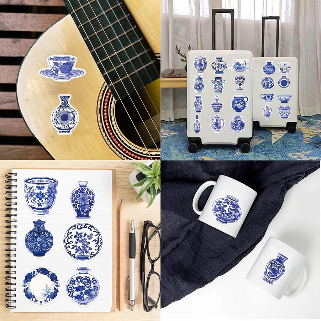 50KS Kreslené modrobílé porcelánové samolepky Personalizovaná dekorace Kytara Notebook Zavazadla DIY Voděodolné samolepky