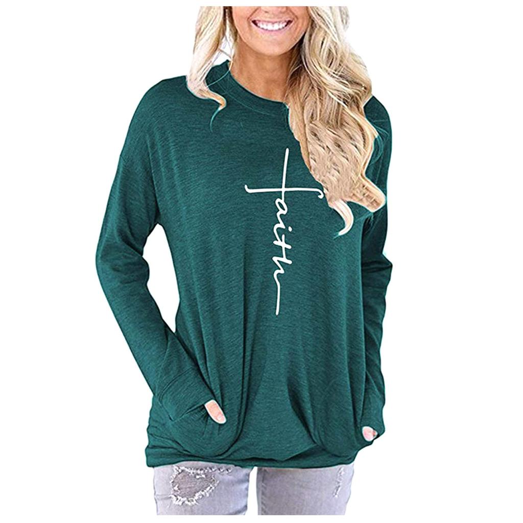 Women's Fashion Casual Round Neck Printed Loose Undershirt Long Sleeve Blouse