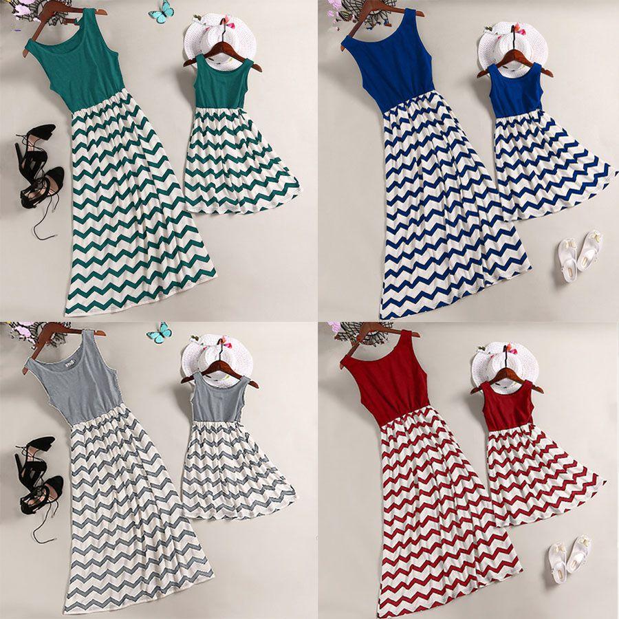 Stylish Mother And Daughter Fashion Casual Boho Stripe Maxi Matching Dress Outfits