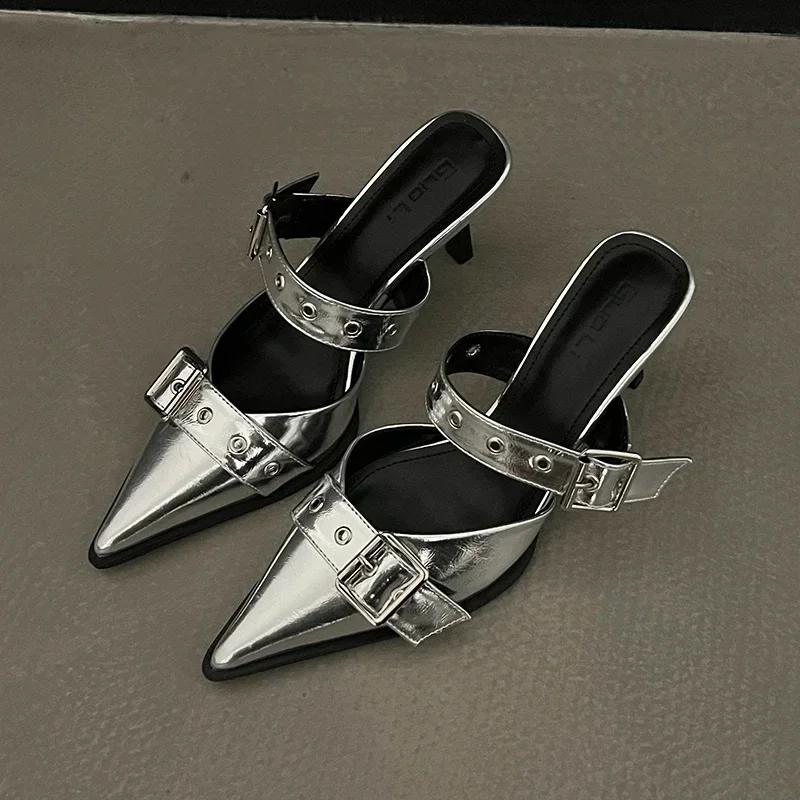 Punk Goth Metal Buckle High Heels Women s Sandals Summer  Pointed Toe Silver Party Shoes Fashion Womens Pumps Shoes Tacones 35