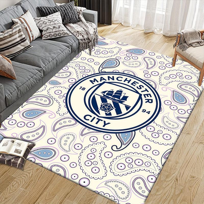 Man City Flannel Printed Carpet, Home Sofa Decoration for Living Room & Bedroom, Non‑Slip Play Flannel Floor Mat for Game Room