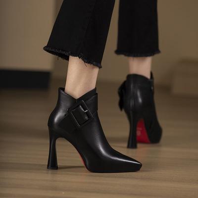 Zwarte Hoge Hakken Dames Scherpe Neus Antislip Leren Laarzen Riemgesp Sexy Lage Top Schoenen Casual Mode Dames Pumps