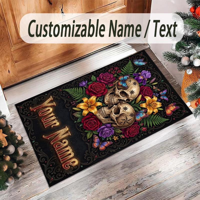Day of the Dead Theme Crystal Velvet Rug Personalized Custom Name Text Soft Floor Mat Home Decor