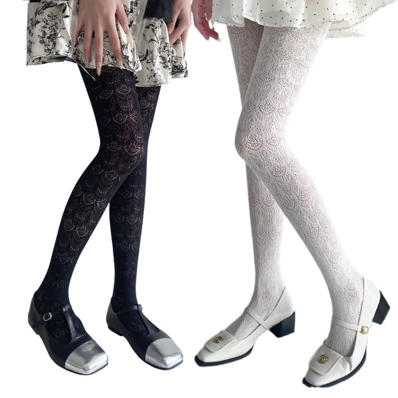 Women Elegant Hollowed Out Lace Solid Pantyhose Stockings Japanese Style Vintage Flower Jacquard Mesh Tights Leggings