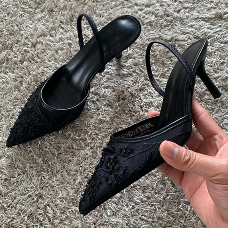 Fashion Black Mesh Embroidery Women Pumps Sexy Pointed Toe String Bead High Heels Summer Elegant Party Designer Shoes Heeled Sandals