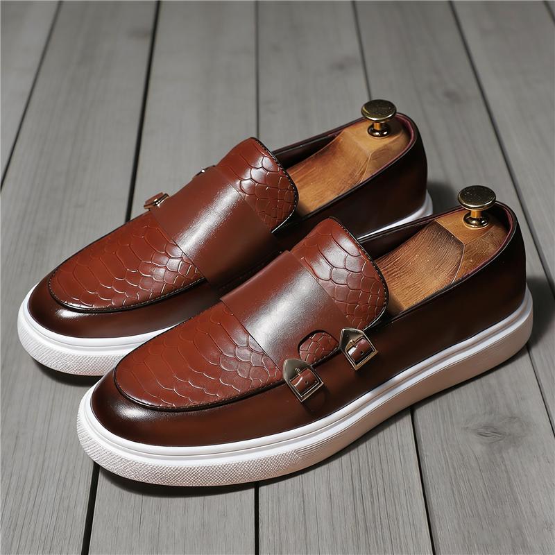 Designer New Men's Brown Patent Leather Slip On Business Casual Shoes Male Monk Strap Loafers Walking  Sneakers  Zapatos Hombre