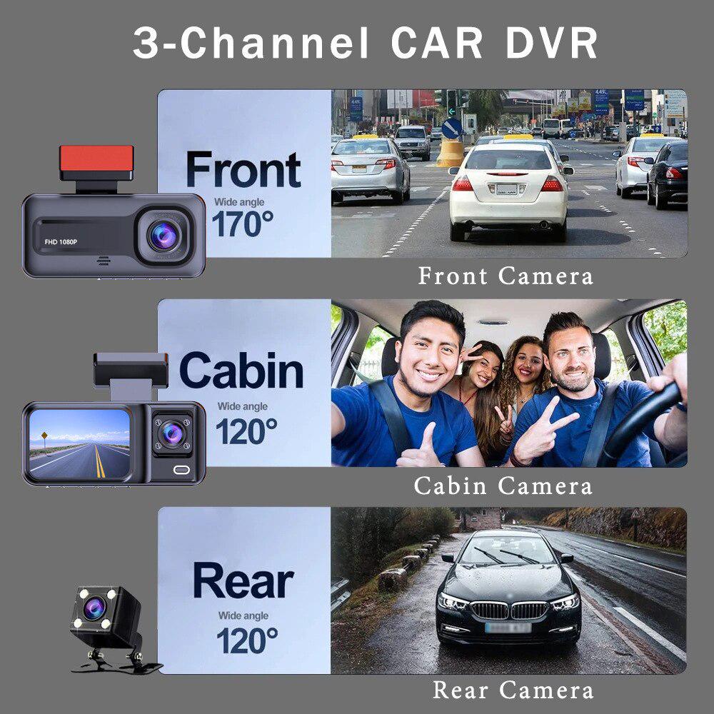A98 Full HD 1080P Three-Lens Dash Cam: Front, Rear, Interior Infrared Video Recorder