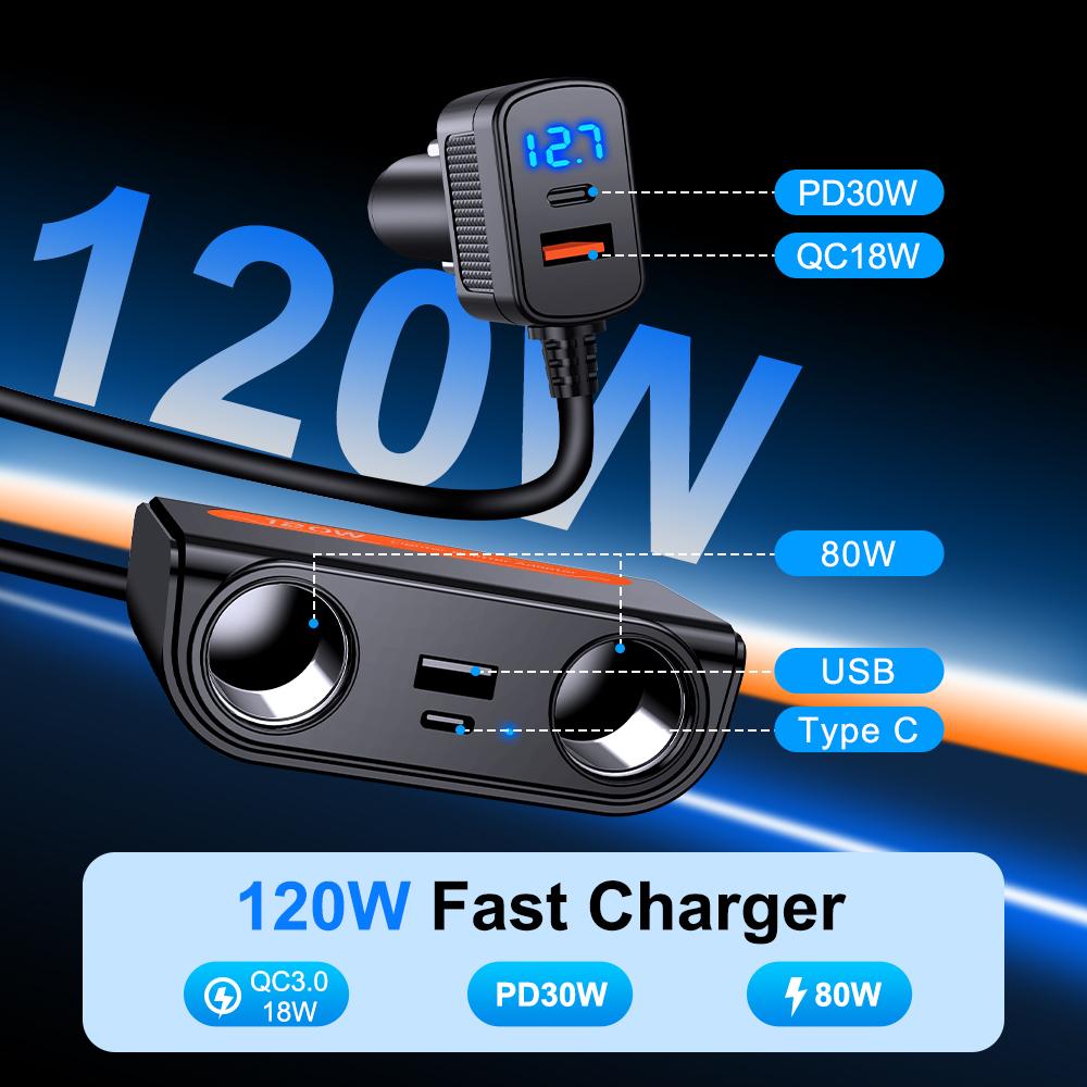 Adaptador Cargador de Coche 7 EN 1 120W PD USB Toma Encendedor Divisor Carga Rápida Con Voltímetro LED Salida CC Accesorios para Automóvil
