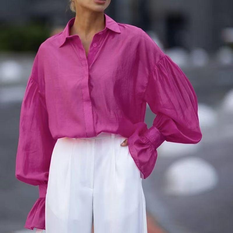 

Western Style Elegant Loose Shirt Lapel All-Match Long sleeve Shirts Loose Flared Sleeve Shirt Dark pink L
