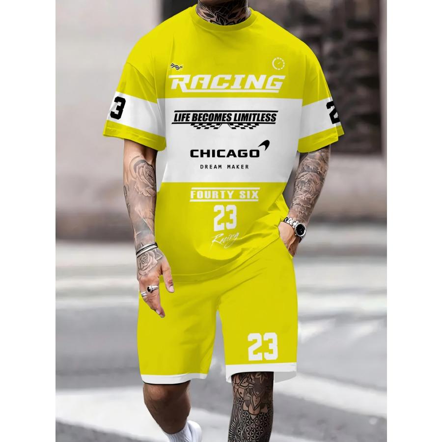 

2025 Лето Новинка Мужская гоночная тематика Клетчатый флаг Узор Буквы 3D Печатная Футболка Круглый вырез Мужской комплект Короткий рукав Шорты Сумма XXXL