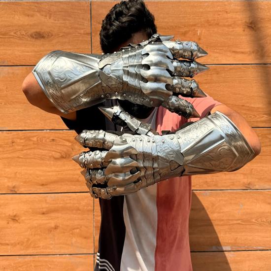 Etched Steel Gauntlet Gloves Gothic Knight Costume, 40.64 cm Gloves Pair Perfect Halloween Gift