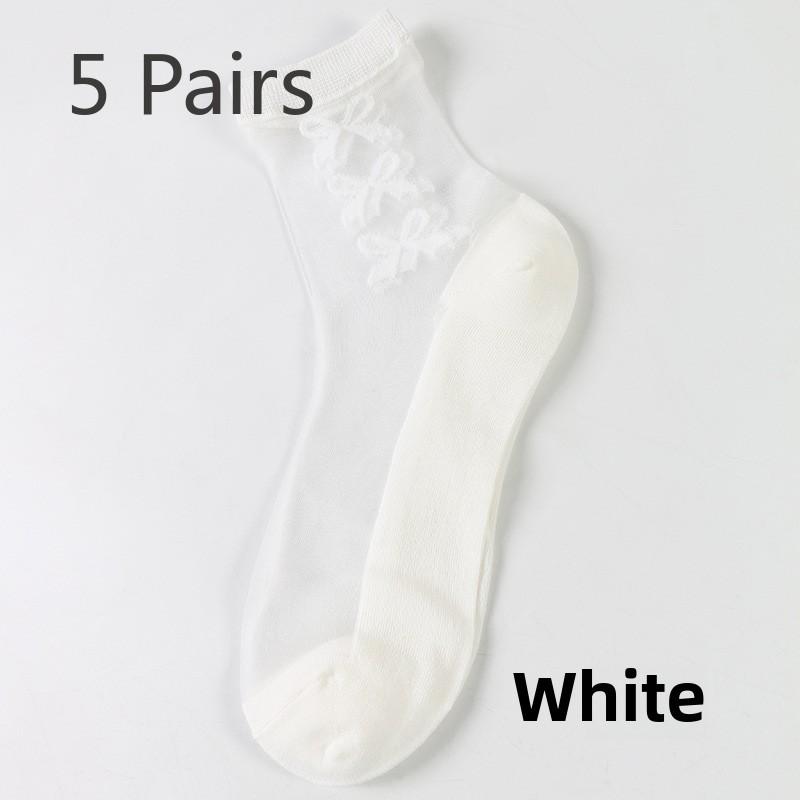 5 Pairs Fashion Transparent Socks Bow Floral Transparent Silk Socks Crystal Silk Socks for Women