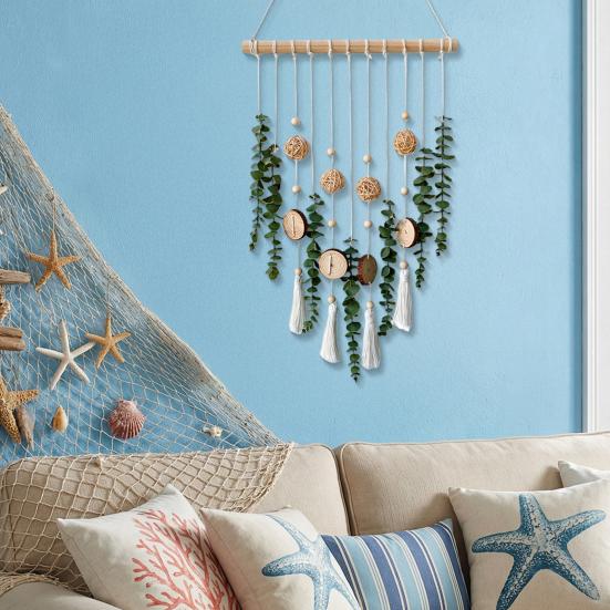 Bohemian Artificial Plants Hanging Tapestry, Handmade Tapestry with Wooden Beads Chips, Living Room Bedroom Wall Art Decoration