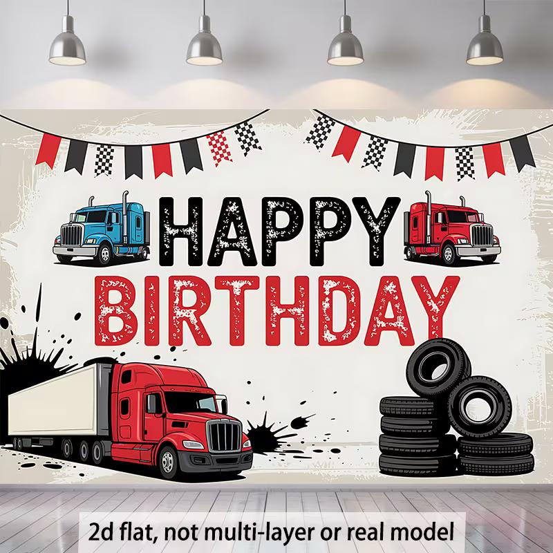 

2D Big Rig Theme Birthday Backdrop, 2D Flat Tire Stack & Race Flag Background for Truck Party Decoration 47.2x31.5inch/120*80cm