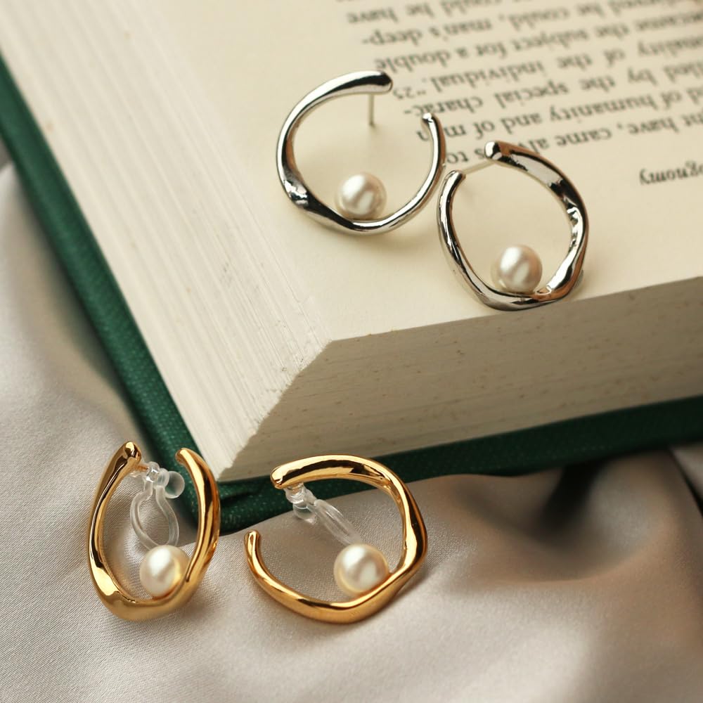 Cercei fabricați în Japonia Cercei curbați din rășină Captură cu rășină Motiv potcoavă Perla 1 piatră Semiluna cerc Cerceu simplu fără nichel Doamnelor Office Gold
