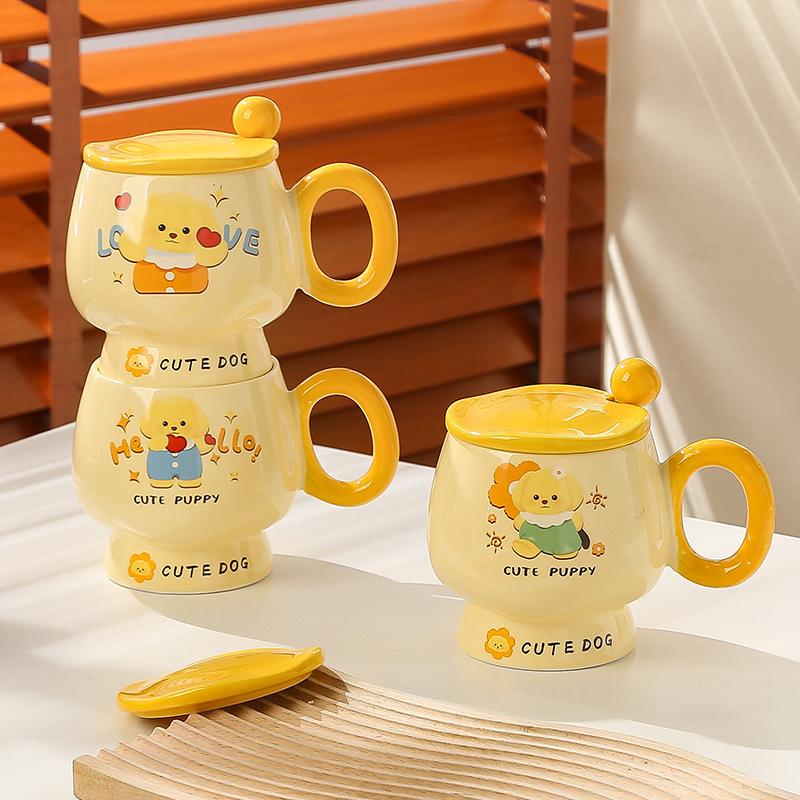 Cană de desene animate cu capac și linguriță, cană ceramică drăguță pentru fete cu aspect deosebit, cană pentru apă pentru acasă, cană pentru cafea, cană pentru micul dejun pentru copii