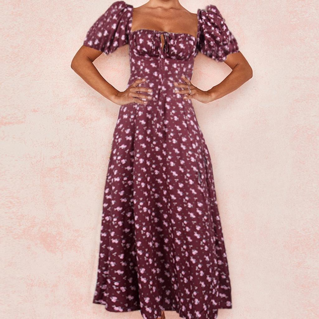 Women's Square Neck Puff Short Sleeve Maxi Dress Slim Fit High Waist Elegant Floral Print Side Slit Dress