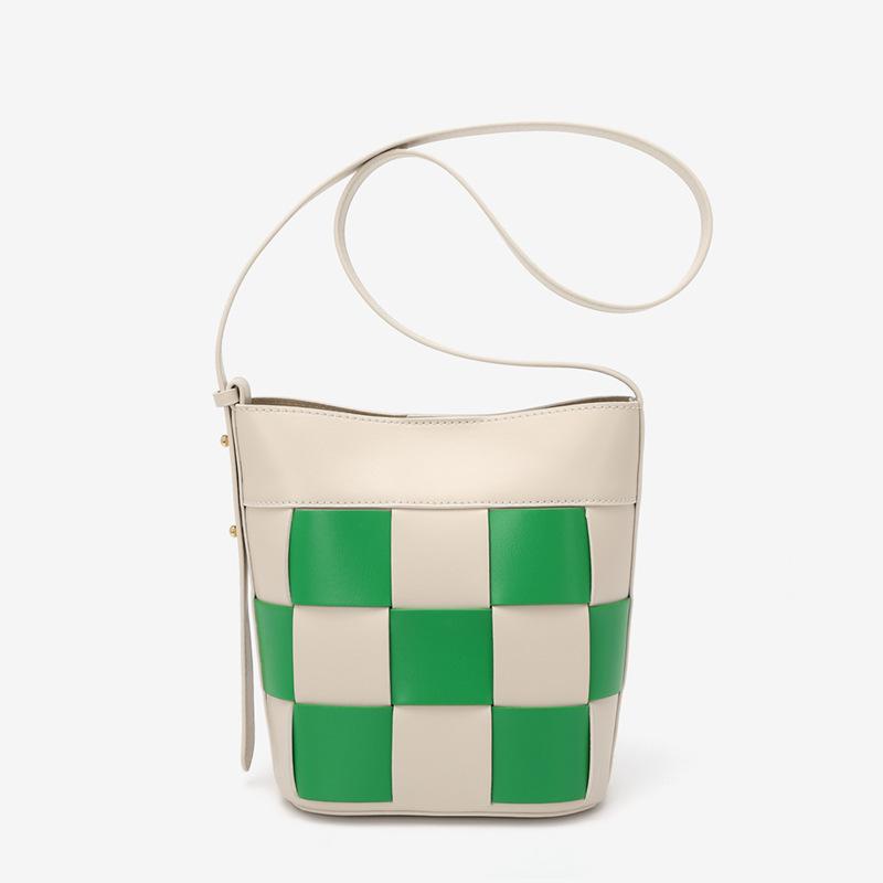 

New Genuine Leather Versatile Bucket Bag for Women, Large Capacity, Niche Single Shoulder Crossbody Bag, Genuine Leather Plaid Pattern Handbag зелений