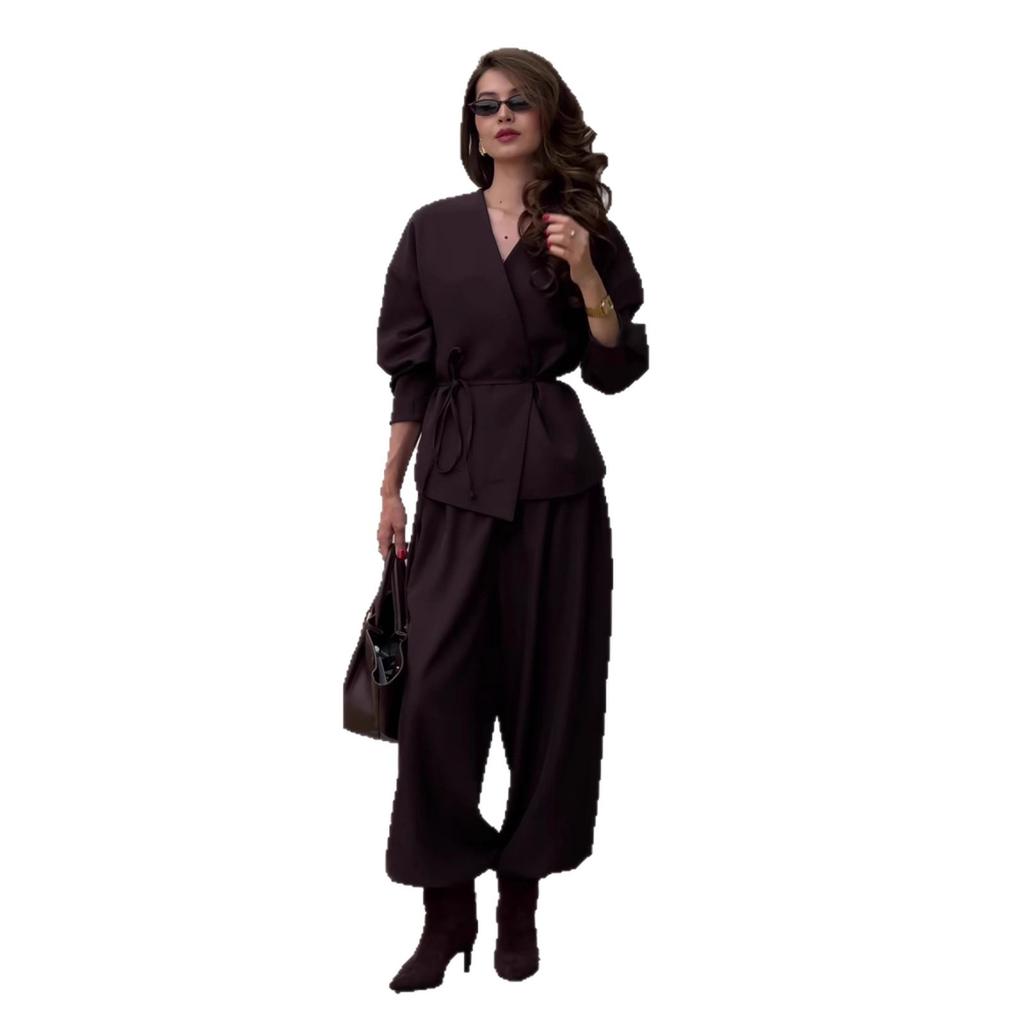 Two-Piece Set V Neck Tie Waist Blouse and Wide Leg Pants