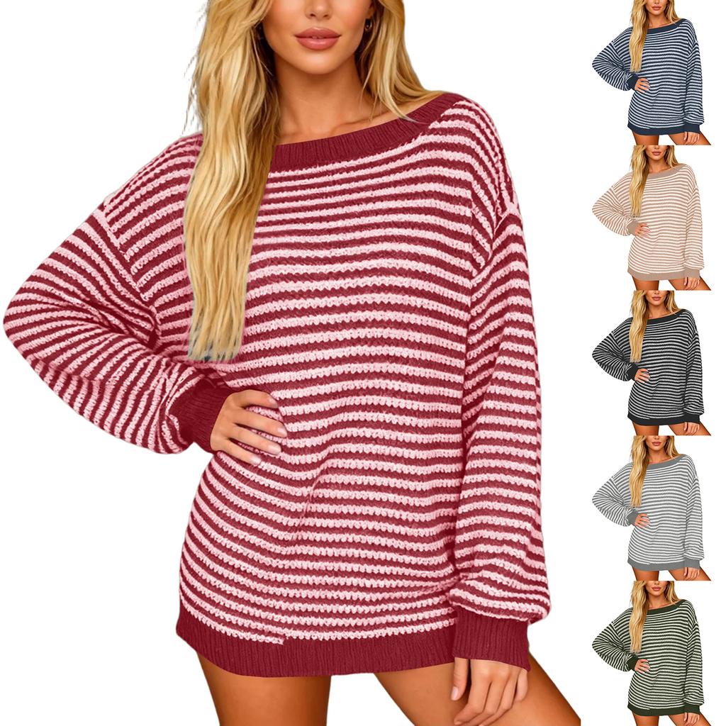 Women's Casual And Stylish Off,the,shoulder Striped Sweater With Dropped Sleeves And A Versatile Pullover Design.