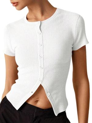 Women's Ribbed Knit Cropped Cardigan Short Sleeve Button Down Slim Fit Sweater Top