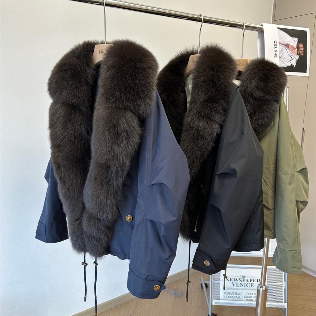 New fox fur collar suit collar fur jacket women's winter white duck down locomotive pie overcome down jacket