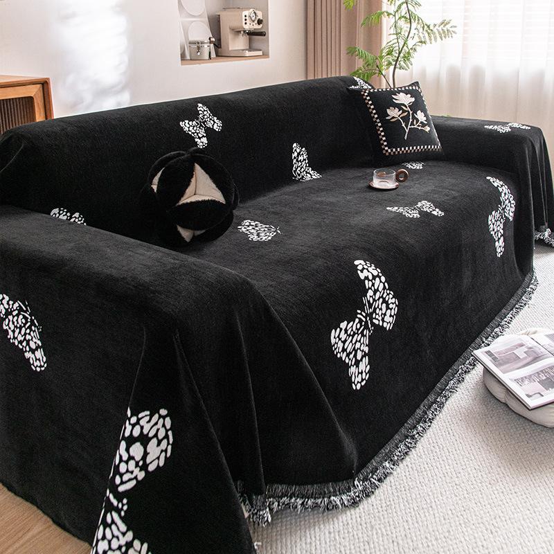Luxury Butterfly Printed Solid Sofa Towel High-End Chenille Sofa Cover for All Seasons Anti-Scratch Home Textiles with Tassels