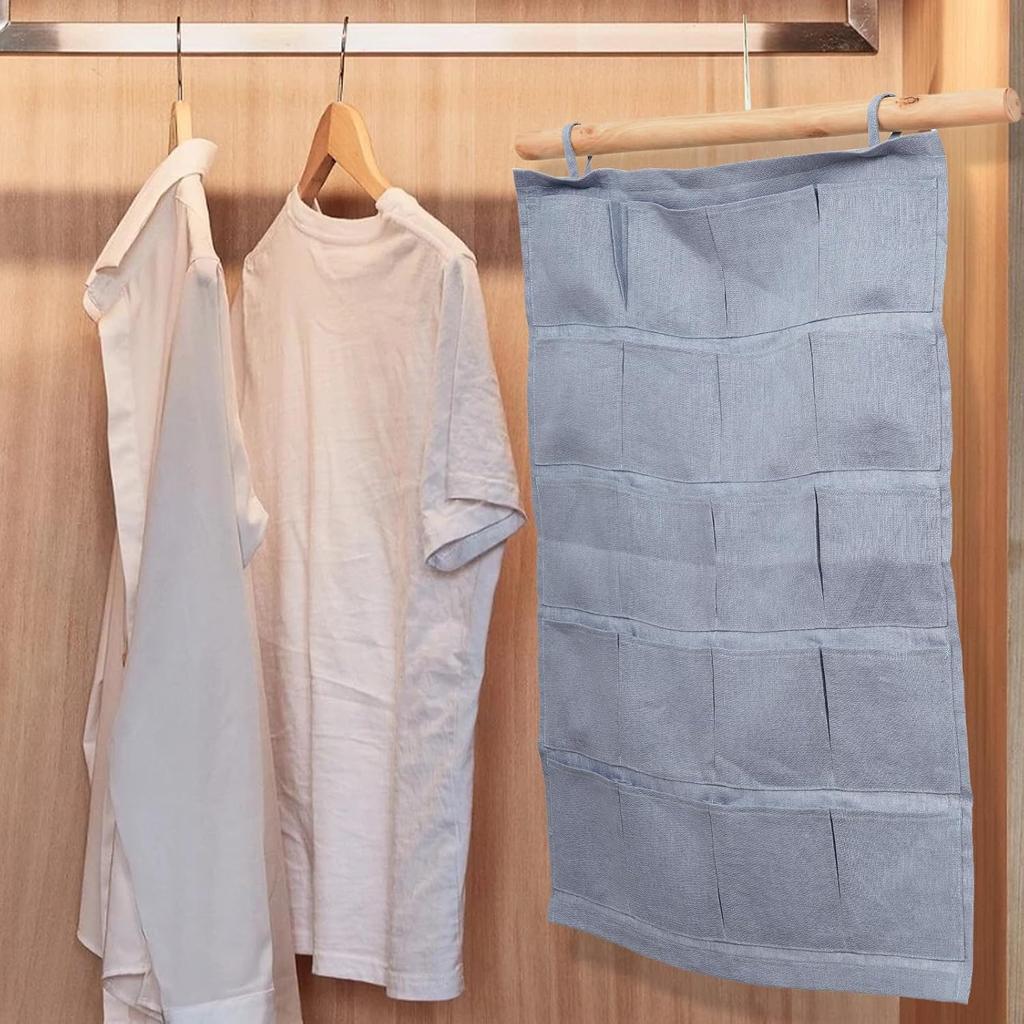 100% Linen Hanging Storage Bag with 20 Pockets, Wall Hang Over The Door Closet Organizer for Socks Underpants, Blue