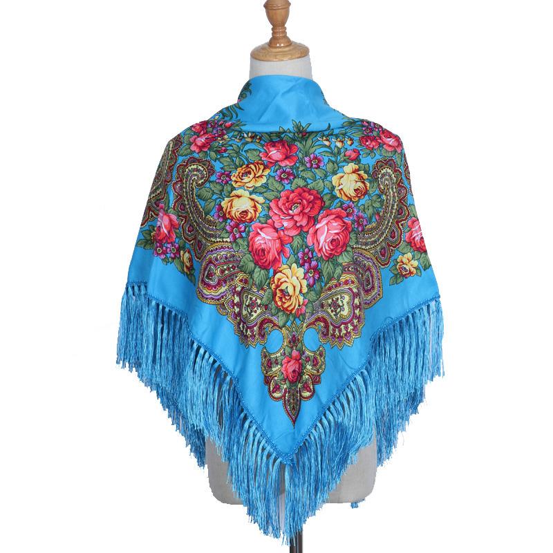 Retro Printed Headscarf Hijabs For Woman Fringed Square Flower Shawl Wrapped Babushka Handkerchief Head Wraps Travel Shawl