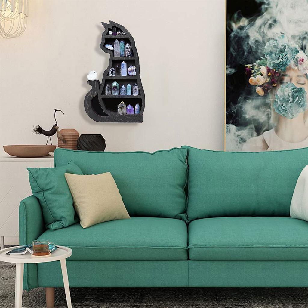 Wooden Crystal Display Shelf Black Cat Design Decorative Crystal Holder Crystal Storage Rack for Crystals Stones Essential Oil M