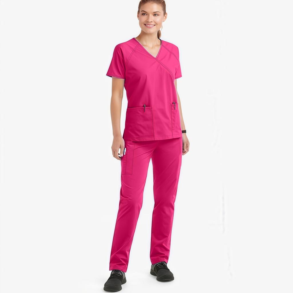 Ladies' Loose And Comfortable V-neck Short Sleeved Stand Up Collar Workwear With Multiple Pockets Suit Set