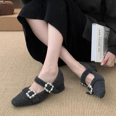 Thick Heel Square Head Rhinestone Fleece Single Shoes Winter Warm Fluffy Shoes Mary Jane Evening Shoes