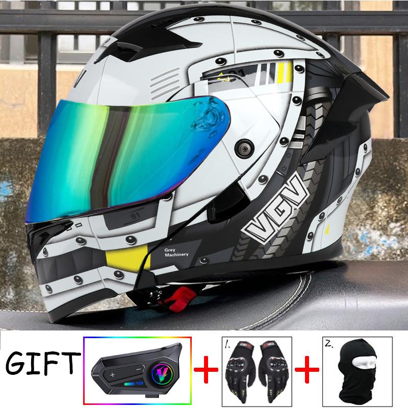 VGV Double Lens flip up helmet Openable motorcycle helmet come with wireless headset gloves headgear Value Promotional Packages