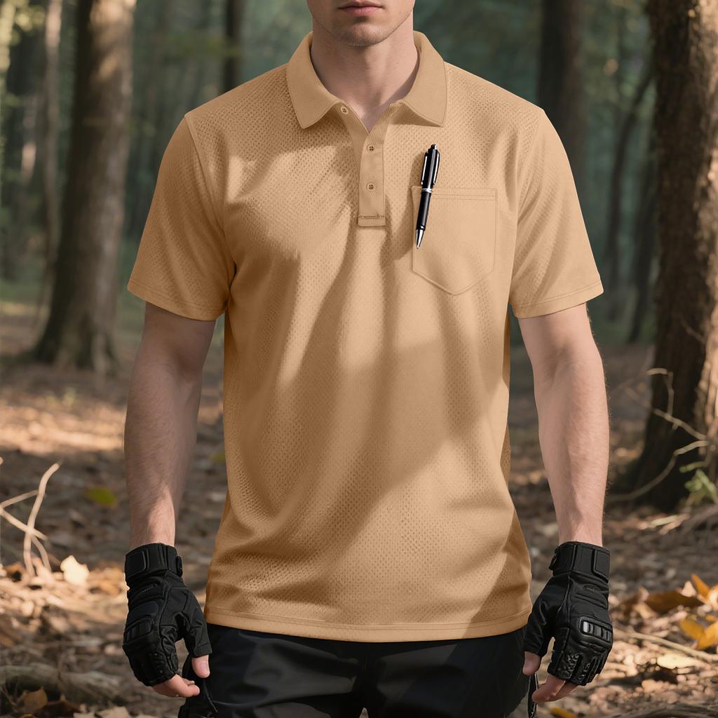 European and American Men's Summer Solid Color Lapel Loose Quick-drying Outdoor Tactical Pocket Short-sleeved Bird's Eye POLO Shirt T-shirt Men