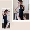 2 Pcs/Set Nightdress Panties Set High Split Hollow Out Sleeveless Backless Solid Color Qipao Style Cosplay G-string Nightgown Set