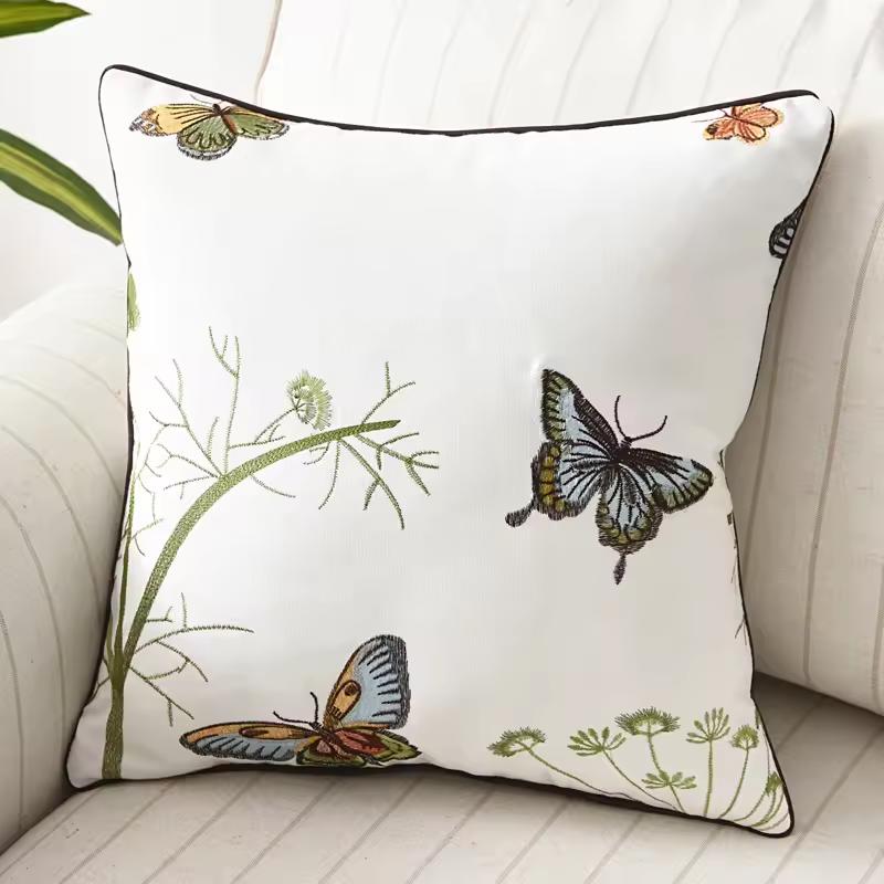 Butterfly Cushion Cover 45x45cm Floral Country Style Pillow Cover Cotton Embroidery Suqare Home Decoration for Living Room