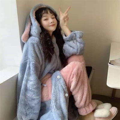 Set di vestaglie kawaii da donna, semplici, invernali, eleganti, con cappuccio, tasche, in morbida flanella, comode e spesse, nuovissime, per la casa, 2 pettorali.