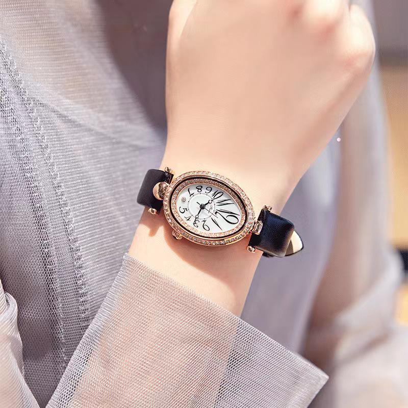 Women's Luxury Oval Leather Strap Watch with Diamonds