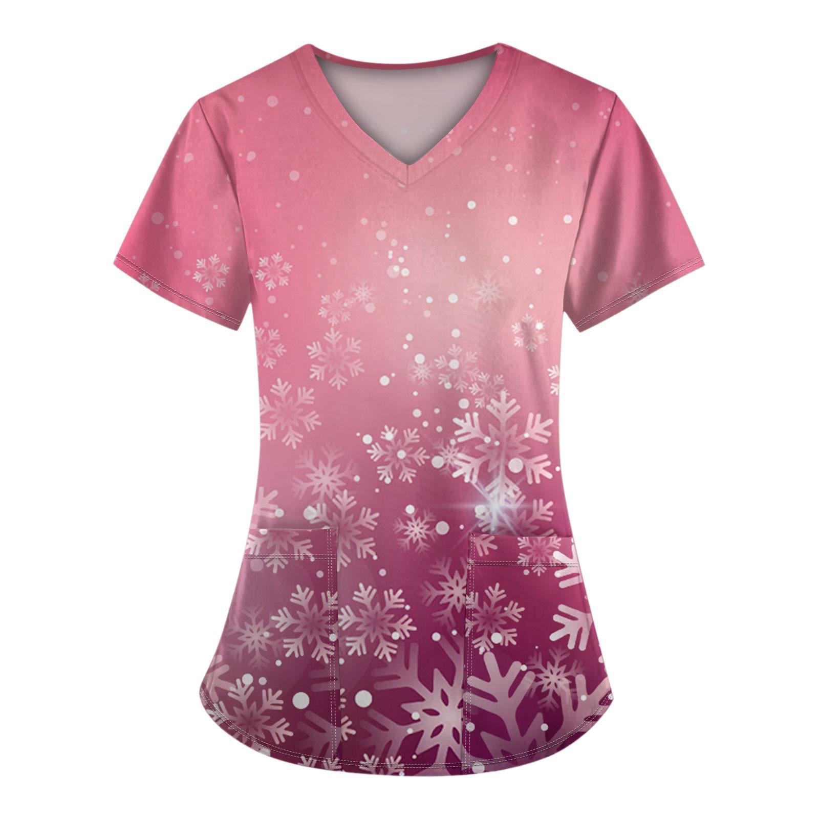 

Женская модная футболка с коротким рукавом и V-образным вырезом, карманом и рождественским принтом M розовый