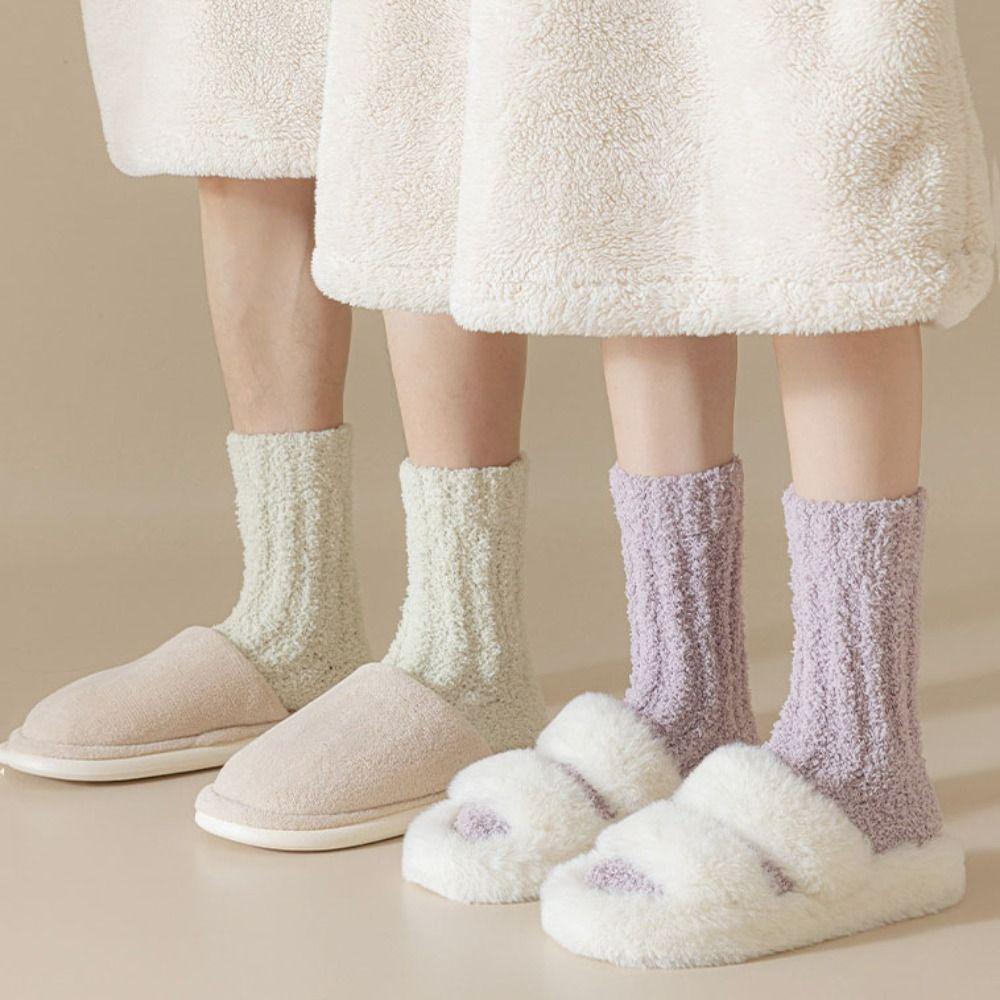 4Pairs Sleeping Floor Plush Socks Winter Mid Tube Socks Women Kawaii Coral Fleece Socks  Autumn