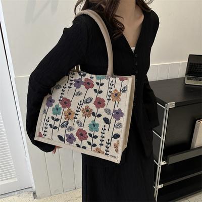 Linen Button Vintage Handbag Women Tote Large Capacity Grocery Bag Gift Bag Beach Bag Portable Shopping Lunch Bag Printed Bag