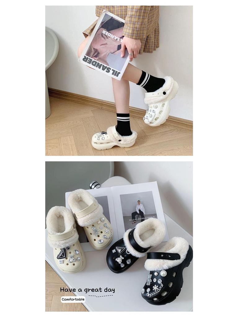 Women's Fleece-Lined Detachable Cotton Slippers - Autumn/Winter Fur Shoes with Hole Design