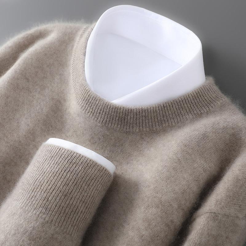 Men's 100% Pure Wool Round Neck Loose Pullover Sweater - Plus Size Cashmere Knit Base Layer for Autumn/Winter