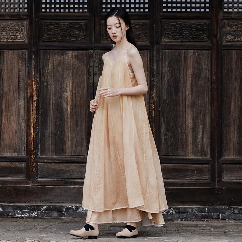 2025 Summer Dark Silent Willow Patchwork Camisole Dress with Large Hem