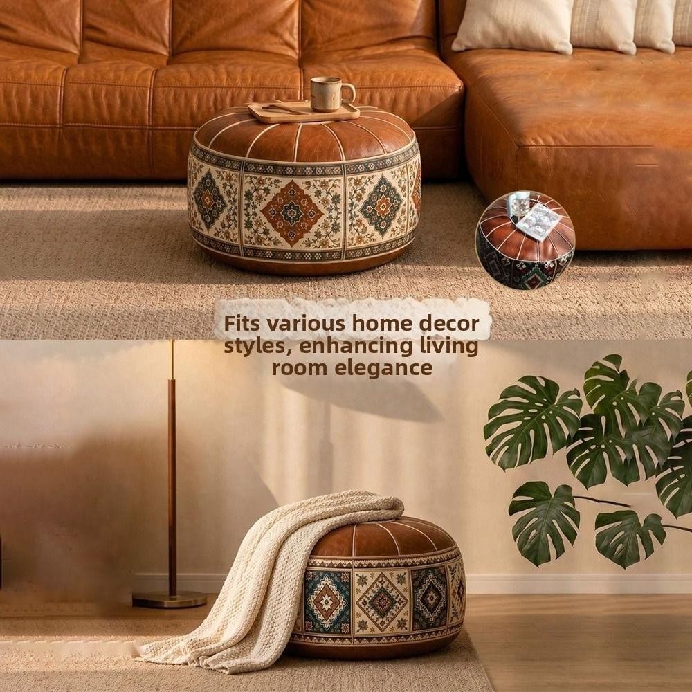 Boho Pattern Ottoman Pouf PU Leather Round Pouf Cover New Storage Ottoman Living Room