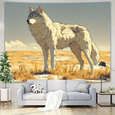Large Cartoon Wolf Wilderness Wall Tapestry Peach Light Beige Velvet Horizontal Wall Art 3 Sizes No Electricity Needed