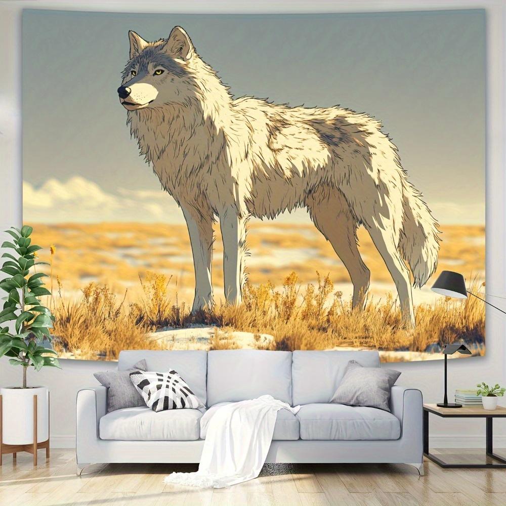 Large Cartoon Wolf Wilderness Wall Tapestry  Peach Light Beige Velvet Horizontal Wall Art 3 Sizes No Electricity Needed 74x94cm(29x37in)